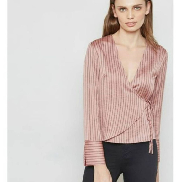 Topshop Wrap Tie Front Deep V-Neck Silky Pin Stripe Blouse Pink Black Size 10 - Picture 1 of 8
